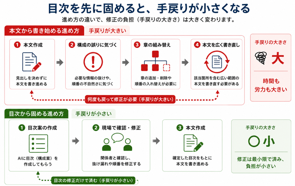 本文から書き始める進め方と目次から固める進め方の手戻りの違いを比較した図
