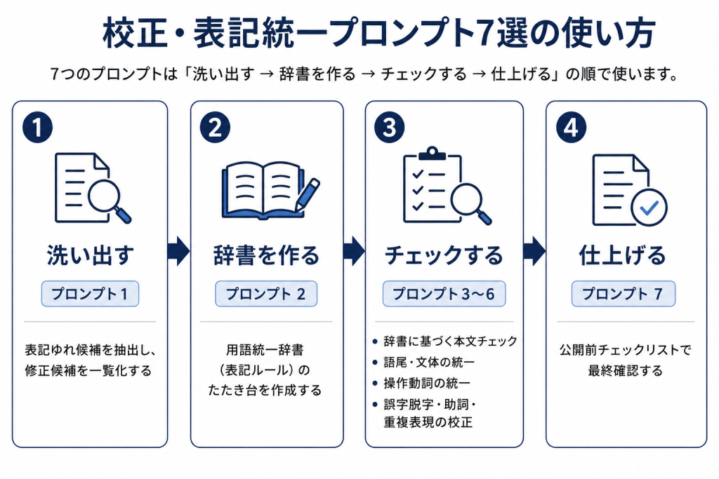 校正・表記統一プロンプト7個を4段階で使う流れを示すフロー図