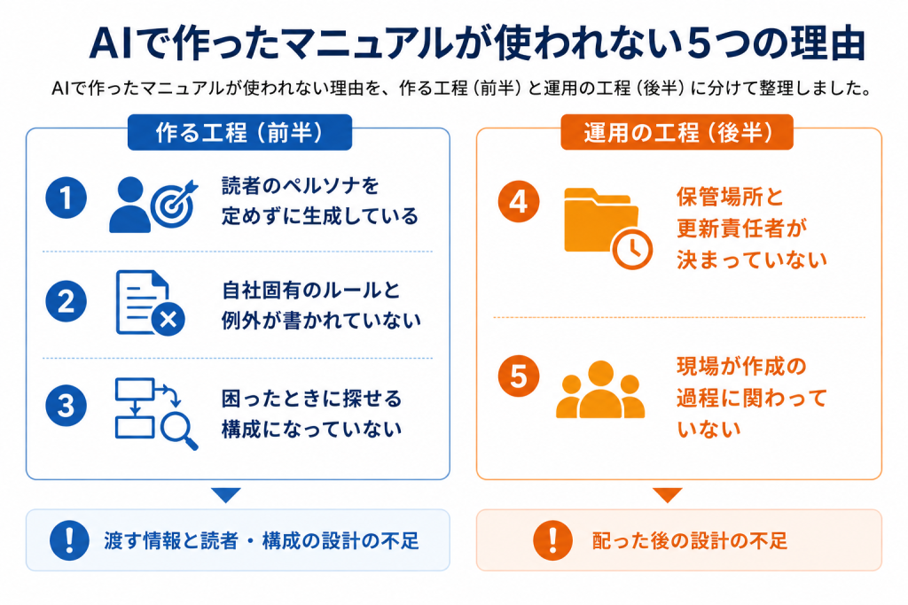 AIで作ったマニュアルが使われない5つの理由を、作る工程と運用の工程に分けて示したマップ図