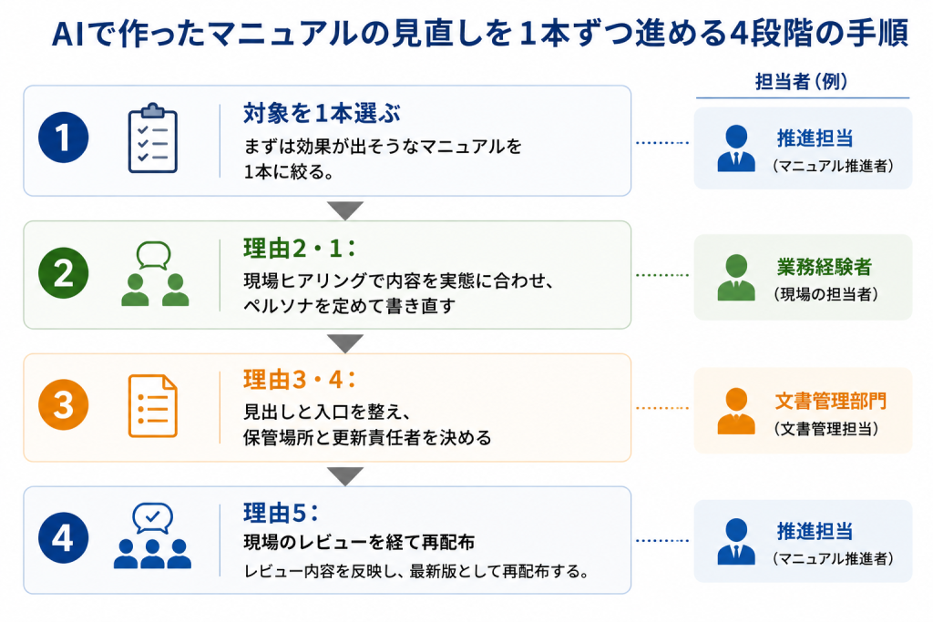AIで作ったマニュアルの見直しを1本ずつ進める4段階の手順を示すフロー図